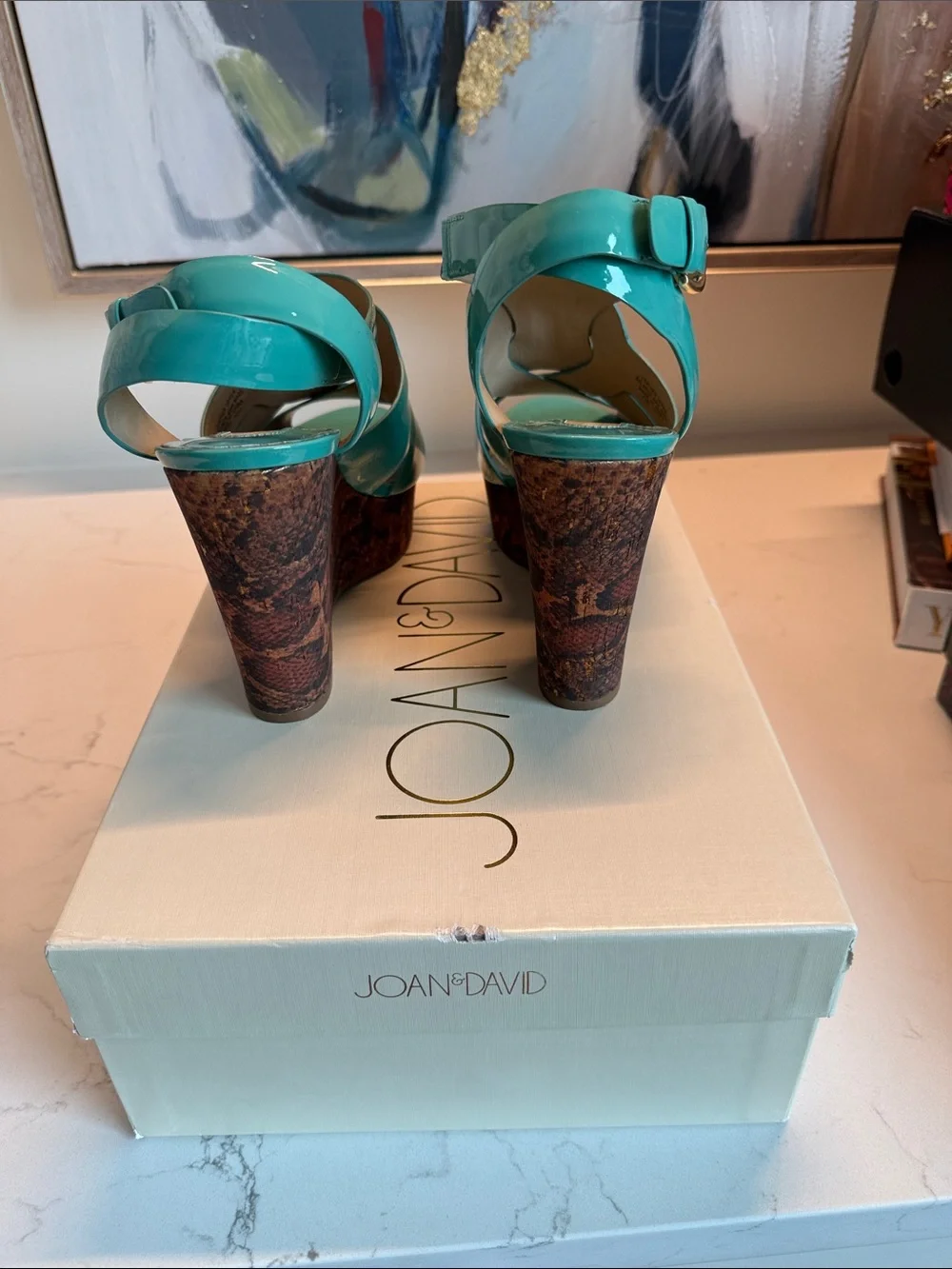 Joan & David Turquoise Patent Leather Wedge Sandals